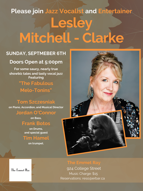 Lesley Mitchell-Clarke and The Fabulous Melo-Tonins, Rarely performed and entertaining jazz standards, interspersed with numerous, nearly-true show business tales! artwork from The Emmet Ray