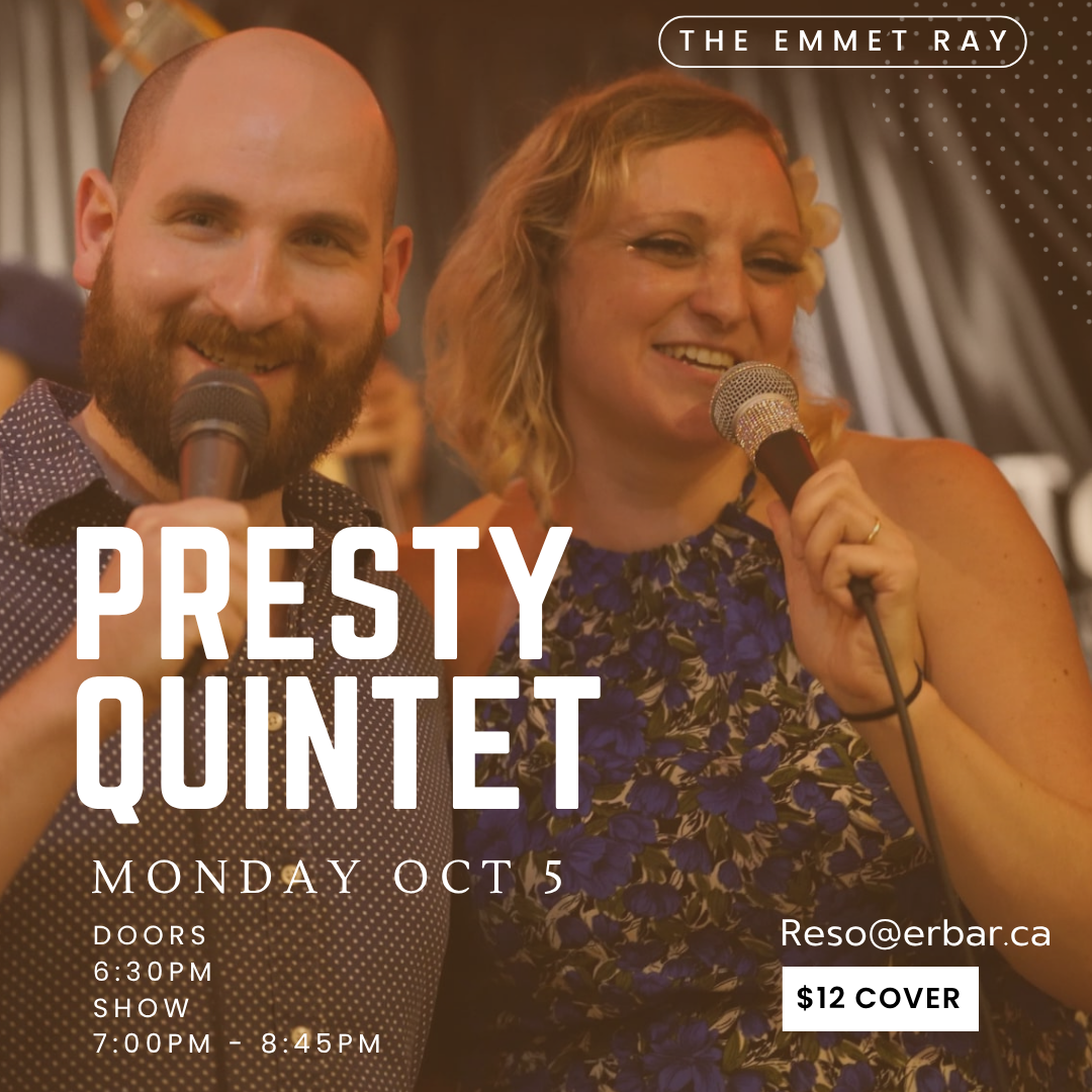 Promotional image for Presty Quintet, heart warming vocal jazz standards and timeless popular music, Oct